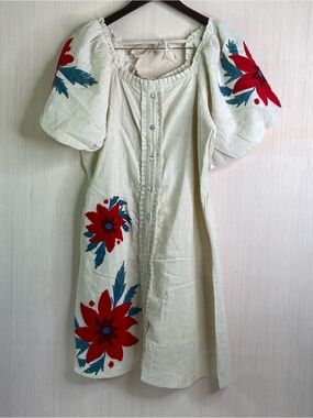 Bohera Bouffant Ivory Puff-Sleeve Dress with Red Floral Embroidery Large